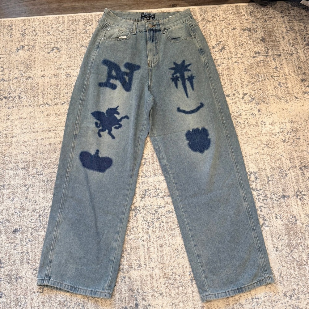 Aland Nice Ghost Club Big Wide Washed Emblem Jeans Blue Baggy Wide Leg Small‎
